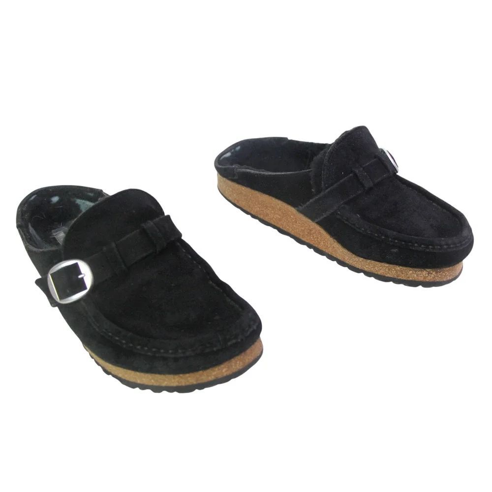 Birkenstock BLACK LEATHER SUEDE PLATFORM ROUND TOE SANDALS MULES SHOES Sz 40